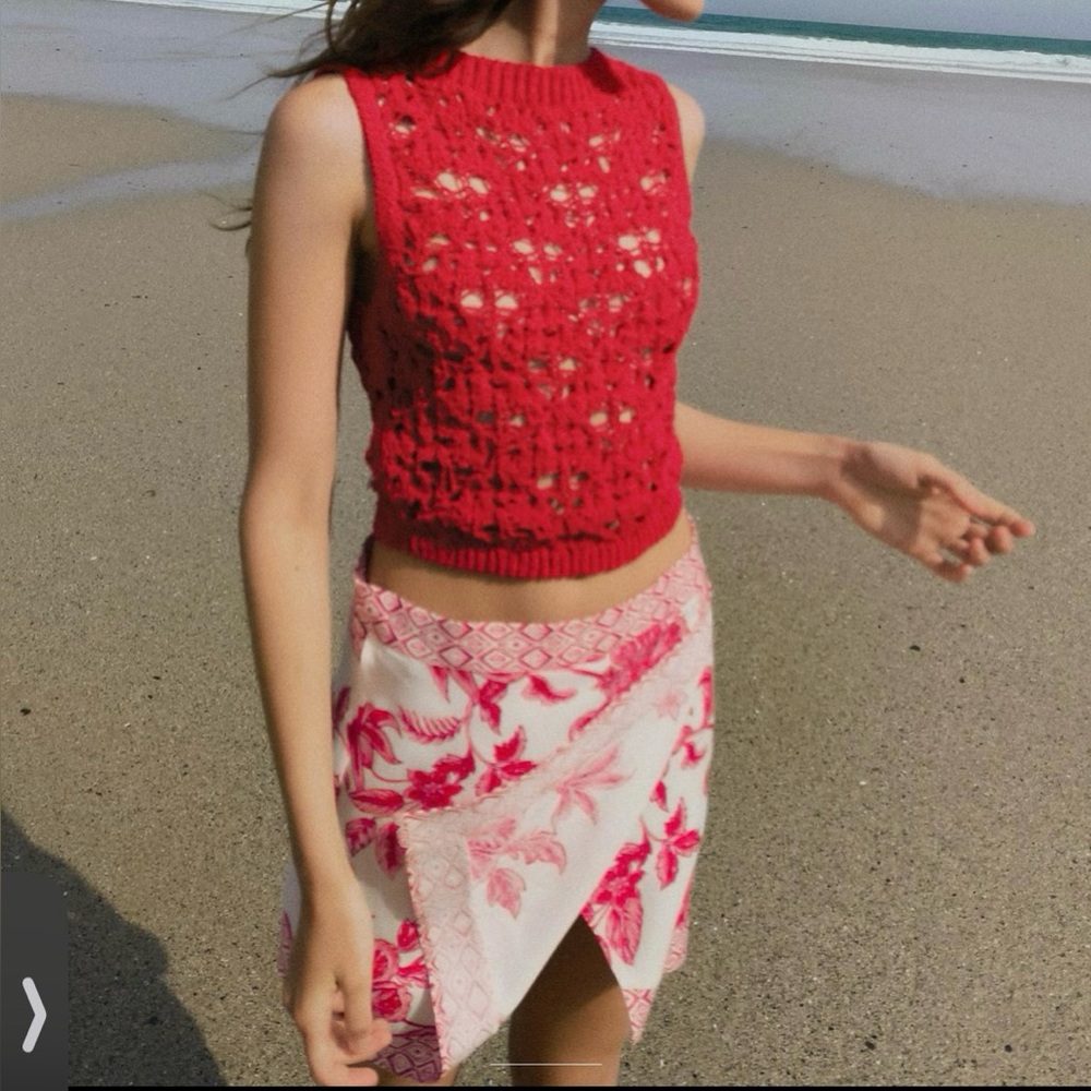 ZARA Grecian red white Floral Print Wrap tie Mini Skirt High Waist Draped